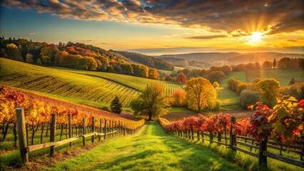 Fototapeta premium Scenic Maryland vineyards showcase autumn's beauty: rolling hills, grapevines bathed in golden light.