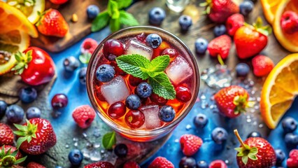 Aerial View of Whimsical Summer Berry Cocktail - Colorful Refreshing Drink