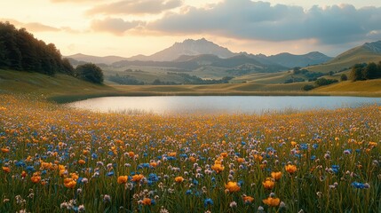 Serene mountain landscape with vibrant wildflower field at sunset