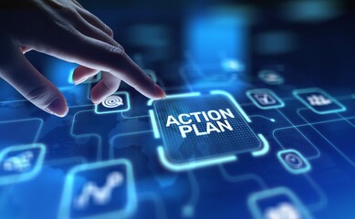 Action Plan Strategic Planning and Goal Setting, projection on a virtual screen, Business and Technology Concept.