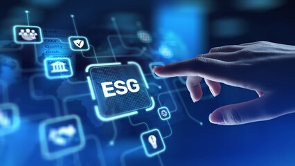 ESG Environmental, Social, and Governance Standards for Sustainable Business Practices, projection on a virtual screen, Business and Technology Concept.