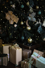 Festive Christmas Tree with Ornaments and Wrapped Gifts - Holiday Celebration and Decoration