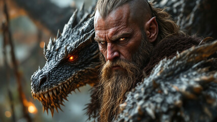 Obraz premium Viking with Dragon Companion in a Fierce Standoff Against a Mysterious Background