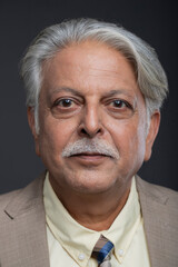 Portrait Of An Old Age Businessman With Grey Hair In A Light Brown Suit