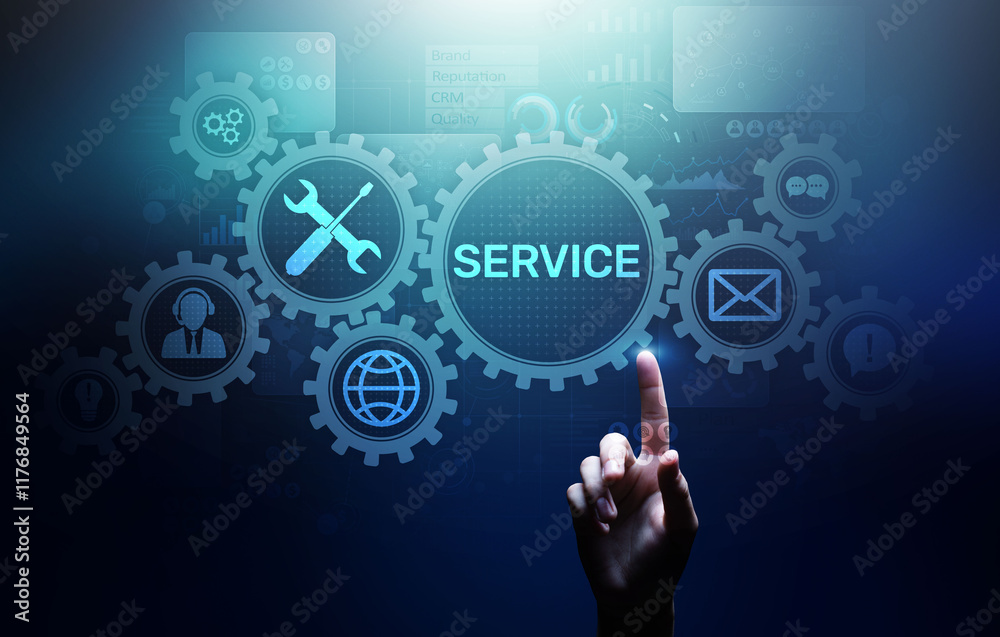 Poster service support customer help call center business technology button on virtual screen.