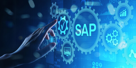 SAP - Business process automation software. ERP enterprise resources planning system concept on virtual screen.