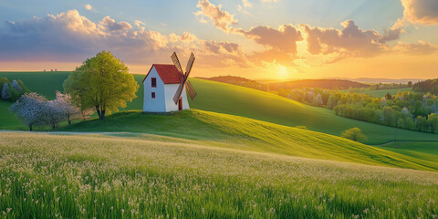 Scenic sunset over rolling hills with windmill nature landscape photography serene environment captivating viewpoint peaceful concept