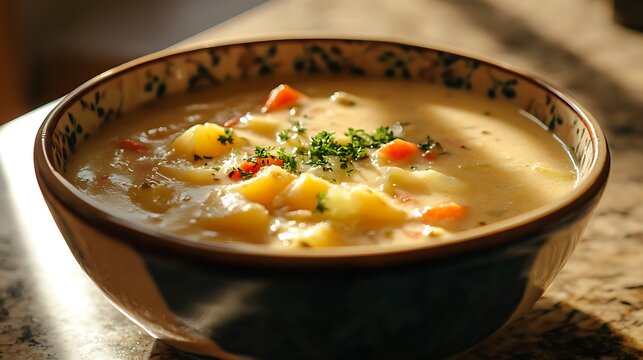 A bowl of creamy potato soup resting on a marble countertop with warm sunlight surrounding it