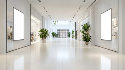 Modern shopping mall interior with empty display frames and greenery