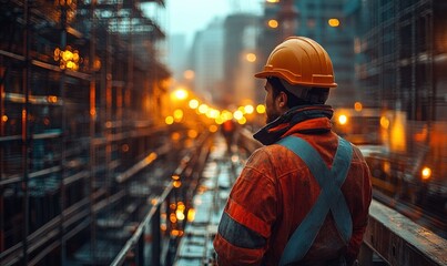 Obraz premium Construction worker, hard hat, urban setting, night.