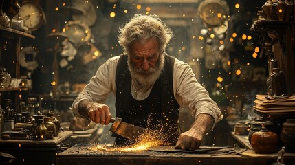 Elderly blacksmith crafting metal, sparks flying, vintage workshop.  A master craftsman at work.