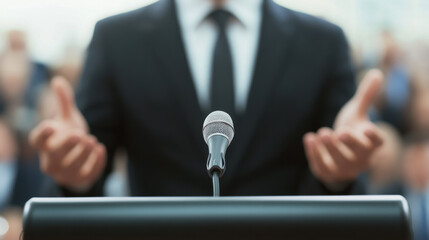 speaker in suit addresses audience, emphasizing key points with hand gestures. microphone is positioned prominently, capturing moment of engagement