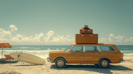 Vintage car with suitcases and surfboard on a sunny beachside getaway
