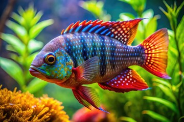 Fototapeta premium Underwater photo: A Vieja synspilum, also known as a Rainbow Cichlid, thrives in its freshwater aquarium.