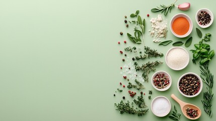 Obraz na płótnie Canvas A modern flat-lay of flavor fusion essentials, featuring herbs, spices, and seasonings from various cuisines