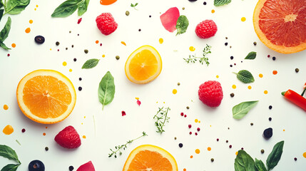 Vibrant assortment of fresh fruits and herbs arranged beautifully on a clean surface