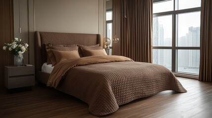 Elegant modern bedroom with earthy tones and city view