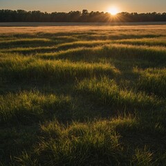 A prairie sunrise casting long shadows over the grass.