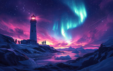 Above the cabin, the vibrant aurora borealis dances across the night sky, accompanied by the fiery hues of a sunset or sunrise.