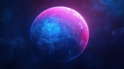 Obraz premium Surreal cosmic landscape featuring a vibrant, neon-lit planet against a backdrop of a star-studded galaxy. Ideal for science fiction, fantasy, or space-themed projects.