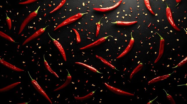 Spicy Red Chili Peppers Scattered on Black