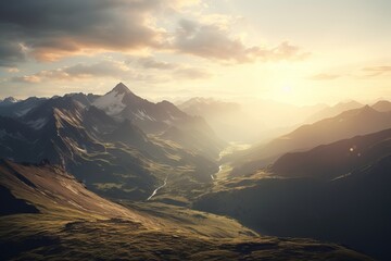 Majestic mountains bathed in golden sunlight at dawn over serene valleys. Generative AI