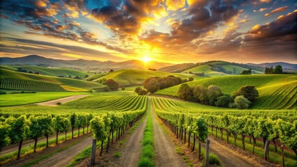 Fototapeta premium Wine country's rolling hills, vibrant green vines, breathtaking vineyard photography.