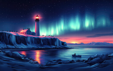 Above the cabin, the vibrant aurora borealis dances across the night sky, accompanied by the fiery hues of a sunset or sunrise.