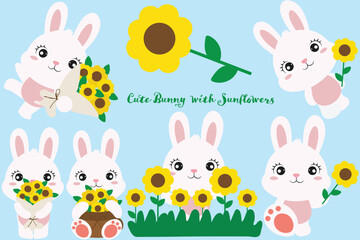 Cute Bunny Illustration with Sunflowers