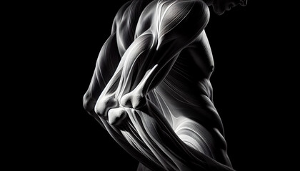 Naklejka premium Artistic composition of a human elbow, abstract lighting creating dramatic shadows and highlights on the bone structure and skin folds.