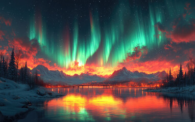 Above the cabin, the vibrant aurora borealis dances across the night sky, accompanied by the fiery hues of a sunset or sunrise.