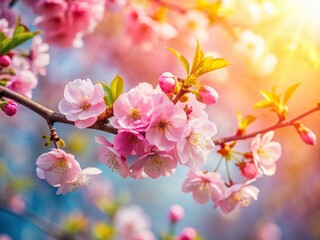 Blooming Spring Cherry Branch: Pink Flowers, Sunny Day, Copy Space