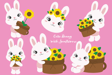 Naklejka premium Cute Bunny Illustration with Sunflowers