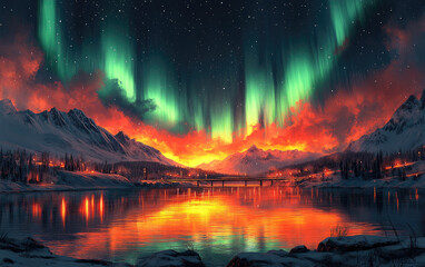 Above the cabin, the vibrant aurora borealis dances across the night sky, accompanied by the fiery hues of a sunset or sunrise.