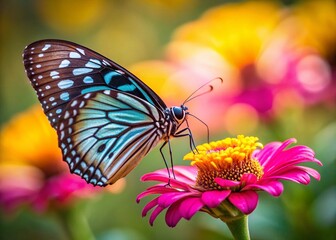 Blue Tiger Butterfly on Pink Zinnia Flower - Long Exposure Nature Photography