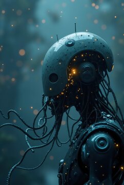 Futuristic robot exploring mysterious alien forest at night