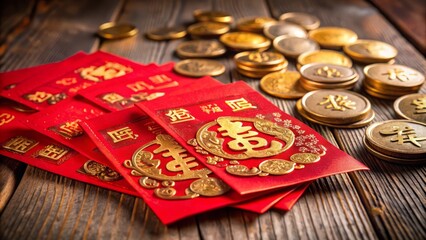 Close-up of Festive Chinese New Year Red Envelopes (Hongbao) with Gold Calligraphy, Surrounded by Decorative Golden Coins on Wooden Surface