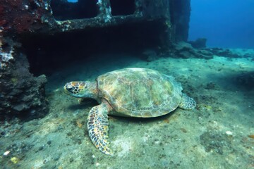 Obraz premium Large turtle resting on of a wreck