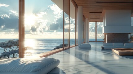 Fototapeta premium Interior of a modern zen house, overlooking the ocean.