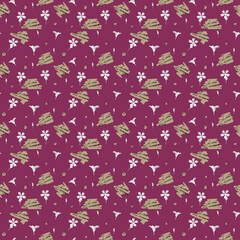 Floral pattern. Seamless pattern with wild field pink flowers and lettering. Illustration in sketch and color style. Doodle and line drawing. Summer design for textile, packaging, paper, scrapbooking.