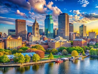 Fototapeta premium Boston Skyline Panorama: Iconic Cityscape View with Copy Space