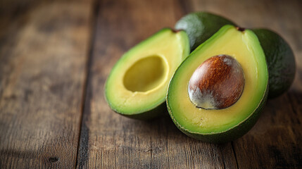 Freshly cut avocados displayed on rustic wooden surface in natural lighting