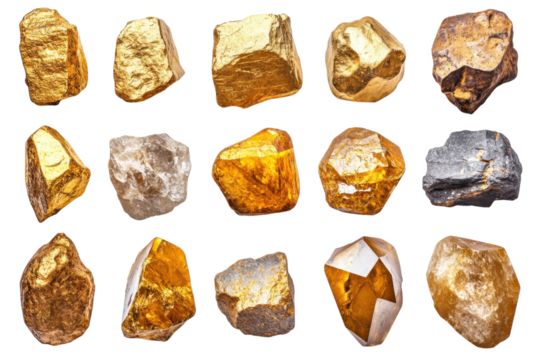 Collection of raw gold and mineral specimens displayed on a white background in a natural lighting