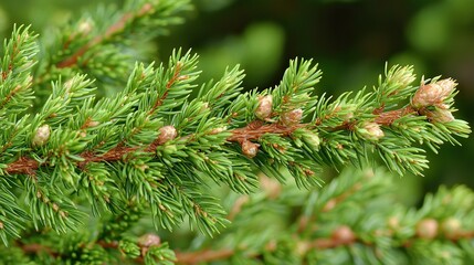 New spruce buds on branch in forest, blurred background, spring growth.