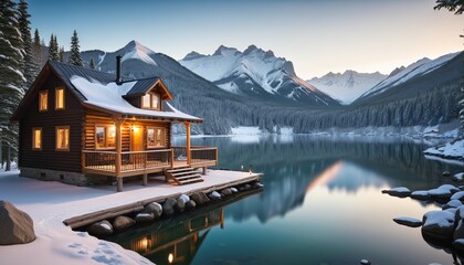 Fototapeta premium Lakeside Cabin Retreat: A Winter Wonderland Getaway