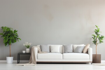 Cozy living room with modern design and natural elements in soft tones. Generative AI