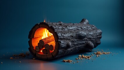 yule log on a plain color background hollowed-out tree trunk filled with burning logs warm, orange glow. The background is a deep blue