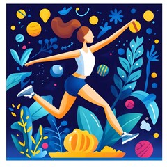 A vibrant illustration of a woman joyfully running with a ball amidst colorful plants and shapes.