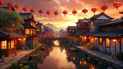 Obraz premium Spring Festival Village at Sunset with Red Lanterns and Stone Bridge