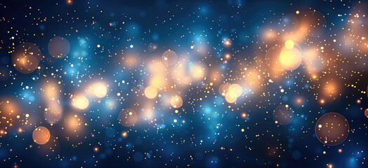 Blurred bokeh lights background, golden warm fairy lights softly glowing, arranged in a random pattern against a dark blue backdrop. The lights create a dreamy, festive atmosphere.
